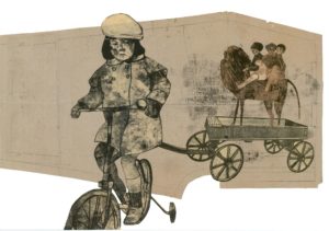 ilustracja autorstwa gabrieli cichowskiej, postać jadąca na rowerze, w tle kilka innych postaci