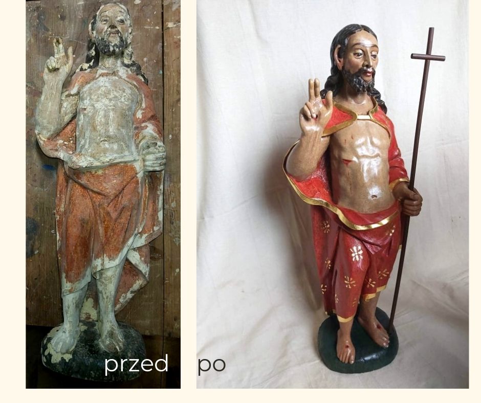 drewniana figurka przed i po renowacji