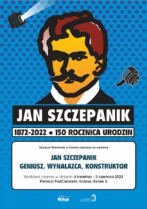 Plakat: grafika z wizerunkiem Jana Szczepanika na niebieskim tle w kropki