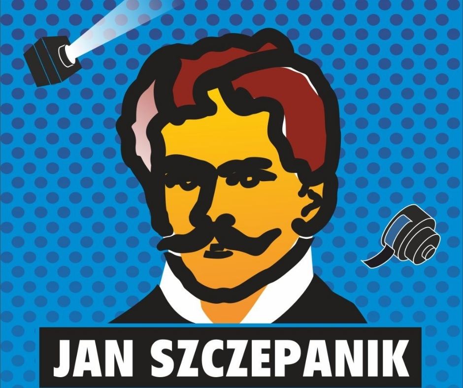 grafika: Portret Jana Szczepanika na niebieskim tle