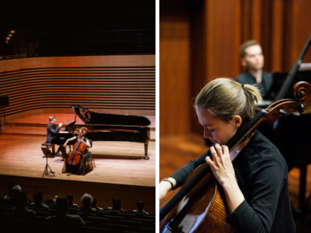 dwie fotografie: po lewej mężczyzna za fortepianem, po prawej kobieta grająca na wiolonczeli