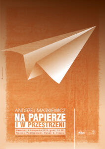 grafika: plakat w kolorach pomarańczu, samolot z papieru